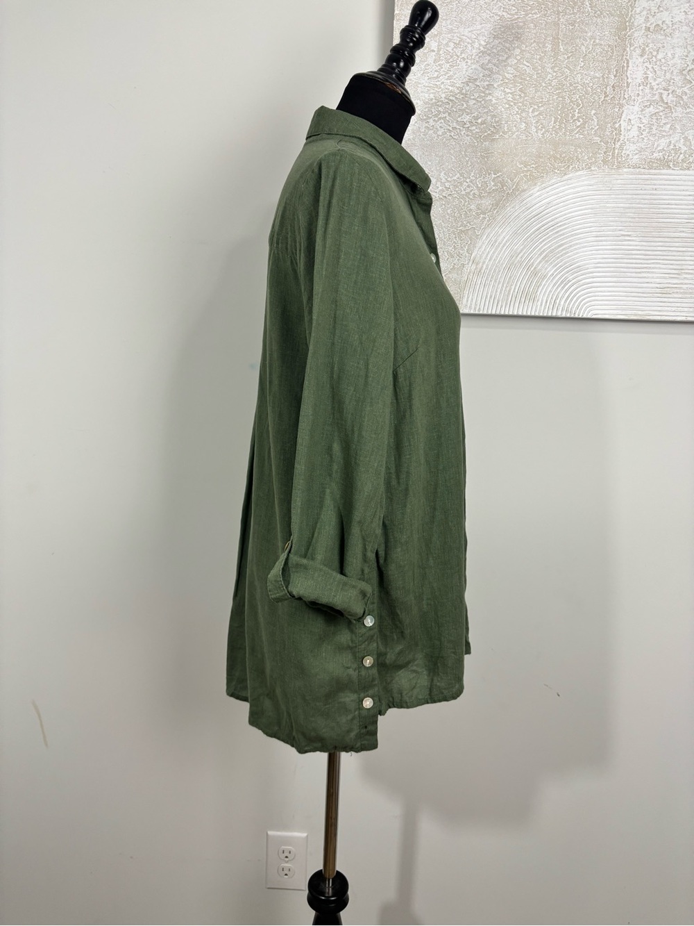 New Directions Women Large Green Linen Lyocell Tunic Roll Tab Sleeve Lightweight - Picture 4 of 11